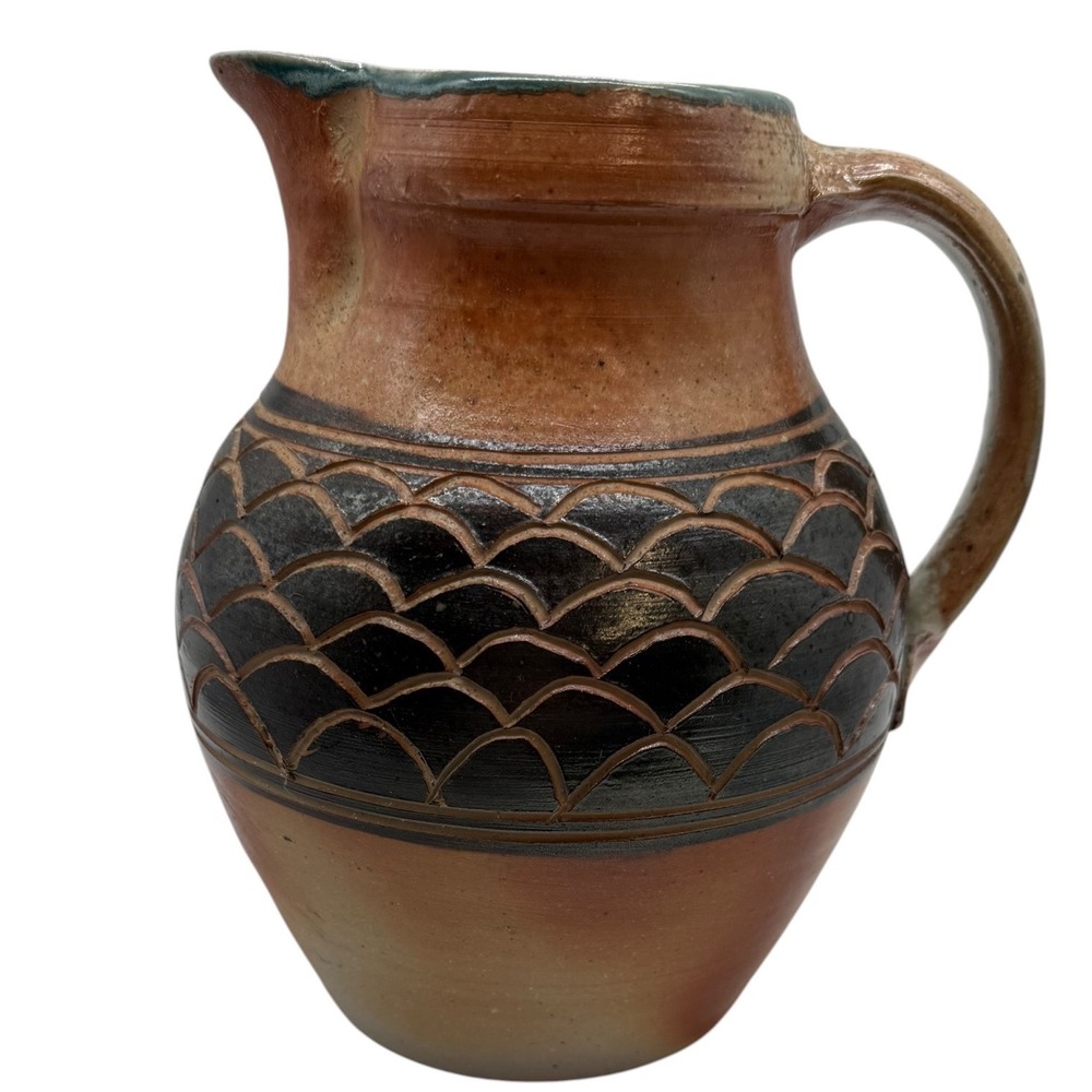Handmade Studio Pottery Scalloped Fish Scale Pitcher Earth Tone Glazed Jug